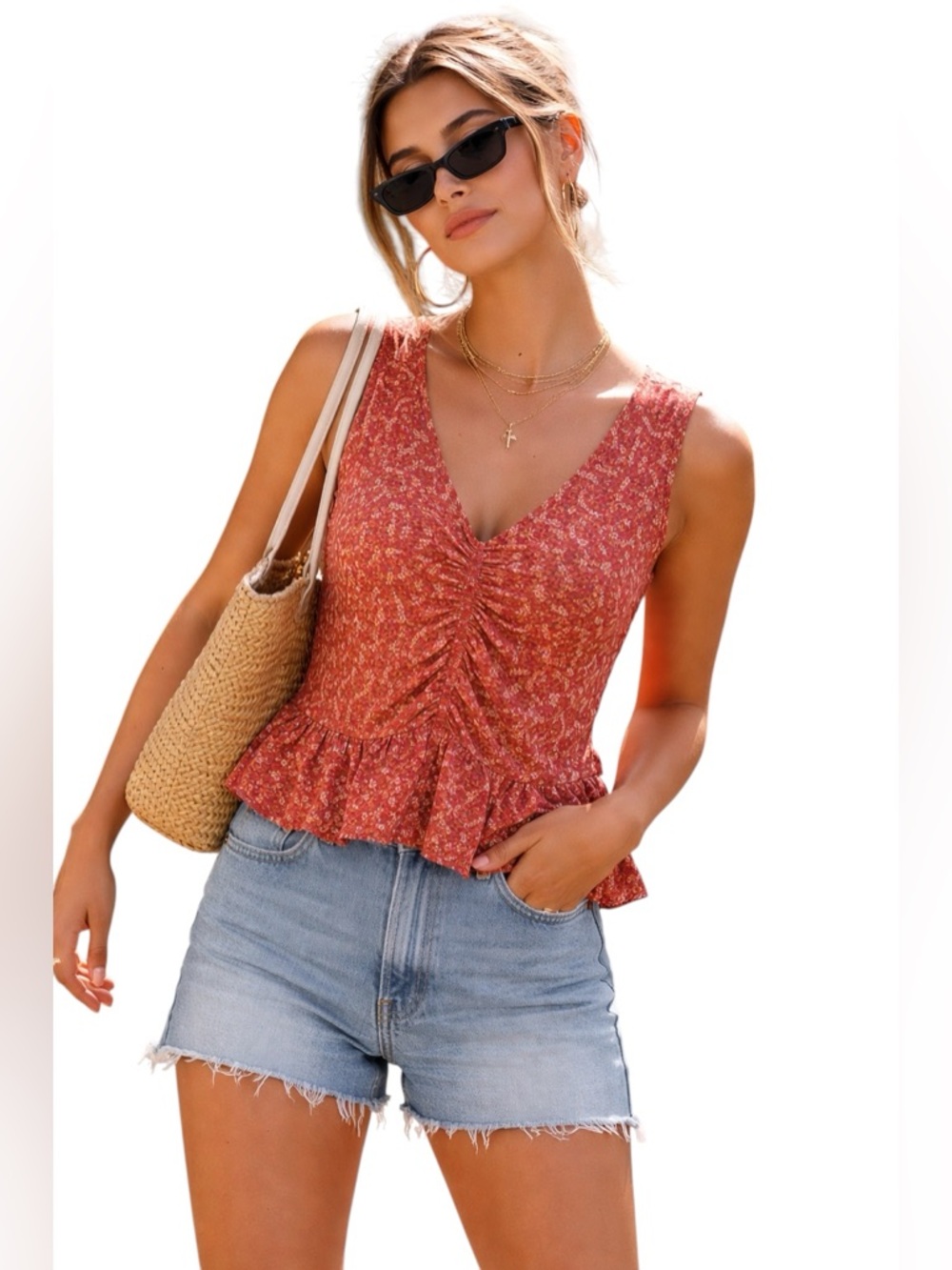 Red Floral Ruched V‎ Neck Peplum Tank Top Womens Small